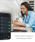 Woman using phone app to control No Hub Smart LED Bulb With Multicolor Spiral Filament WiFi Connected A19 E26 Base.
