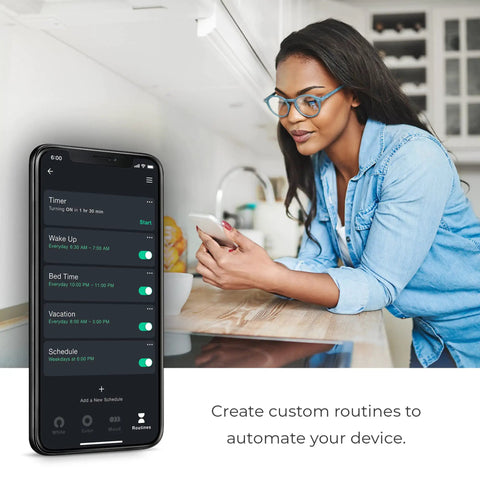 Woman using phone app to control No Hub Smart LED Bulb With Multicolor Spiral Filament WiFi Connected A19 E26 Base.