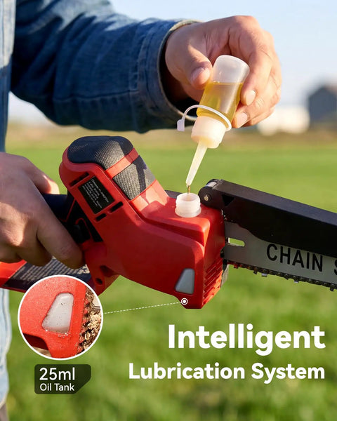 Applying oil to 2-In-1 Cordless Pole Saw And Mini Chainsaw, 8-Inch Brushless Bar, Dual 4000mAh Batteries, Telescoping Pole