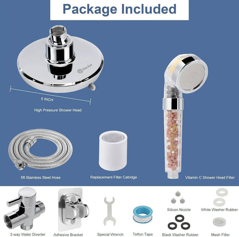 High Pressure Dual Shower Head With Filter 5 Setting Rain Shower Combo For Hard Water Removes Chlorine And Fluoride Chrome Finish Includes Handheld And Filter Cartridge Easy To Clean And Durable package contents with components like stainless hose, filter cartridge, and diverter.