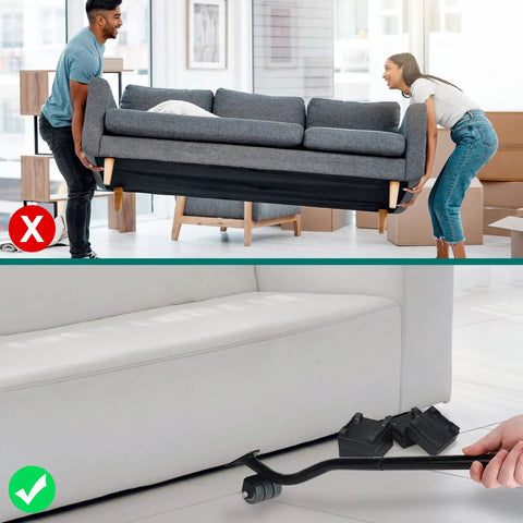 Heavy Duty Metal Furniture Lifter Tool With Three Wheels And Four Raise Blocks for lifting a sofa without scratching floors.