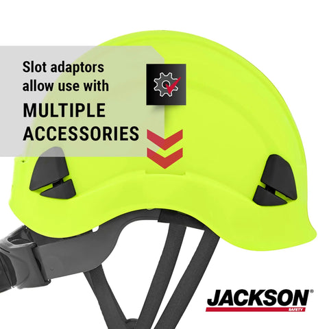 Climbing Style Hard Hat With Chin Strap And Cup Non Vented Construction Helmet ANSI Z89 1 OSHA Compliant shown with slot adaptors