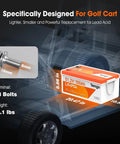 All In One 48V Lithium Golf Cart Battery Upgrade Kit With Built In 200A BMS, dimensions and M8 bolt details shown.