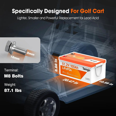 All In One 48V Lithium Golf Cart Battery Upgrade Kit With Built In 200A BMS, dimensions and M8 bolt details shown.