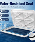 Top Shelf Marine Deck Hatch For Boating And Jon Boats, Heavy Duty Weather Beater Access Door With Non Slip Grip, Zero Hassle Setup Below Deck Storage Entry White, showing water-resistant seal and tight closure.