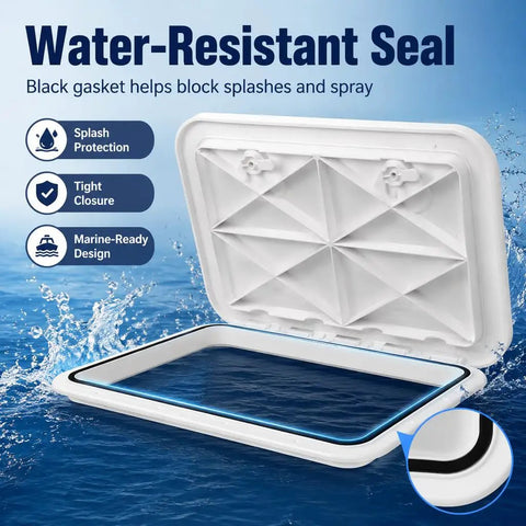 Top Shelf Marine Deck Hatch For Boating And Jon Boats, Heavy Duty Weather Beater Access Door With Non Slip Grip, Zero Hassle Setup Below Deck Storage Entry White, showing water-resistant seal and tight closure.