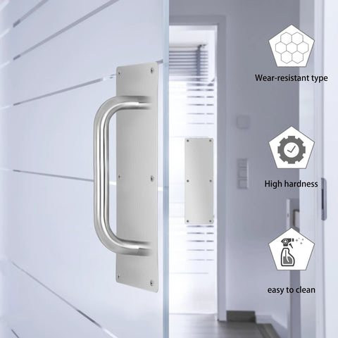 304 Stainless Steel Satin Finish Door Push Pull Handles Set installed on a white interior door, durable and easy to clean.