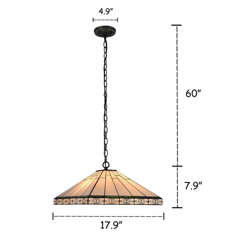 Theros Tiffany Style Two Light Mission Hanging Pendant Fixture With 18 Inch Shade Hand Cut Stained Glass, dimensions shown