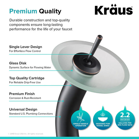 Tall Waterfall Vessel Sink Faucet In Oil Rubbed Bronze With Frosted Glass Disk Ultra Sleek Boss Look For Your Bathroom Premium Metal Build Smooth Water Flow Easy Install