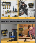 Wall Mount Power Tool Organizer With Six AC Outlets And Charging Station Three Tier Drill Rack for garage, tool room, workshop, warehouse display.