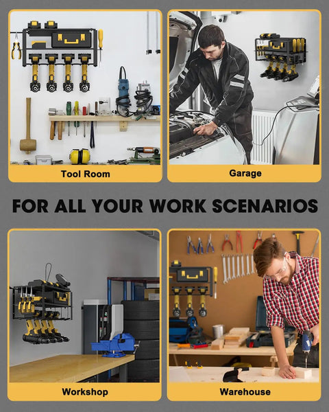 Wall Mount Power Tool Organizer With Six AC Outlets And Charging Station Three Tier Drill Rack for garage, tool room, workshop, warehouse display.