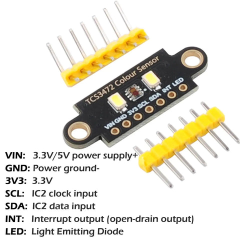 5 Pack TCS3472 RGB Color Sensor Module With IR Filter I2C Interface, showing pin layout and connections, ideal for Arduino projects.