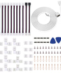 All In One 4 Pin RGB LED Strip Connector Kit With Wire And Cables 10mm showing connectors, splitters, and accessories on white background