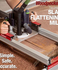 Close-up of Beefy Extended Slab Flattening Mill for Big Wood Slabs with 38.75 by 128.5 inch or 62.75 by 104.5 inch capacity in use.