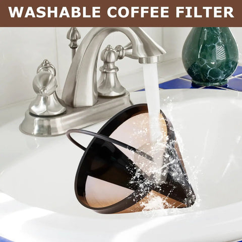 Reusable Gold Tone Cone Coffee Filter Basket For 8 To 12 Cup Makers being washed under faucet