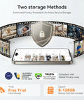 Infographic showing privacy and storage options for 360° PTZ Wireless Security Camera with 2K Battery Power.