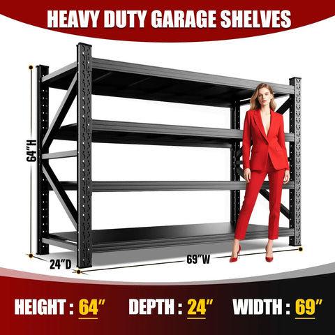 Beefy Heavy Duty Metal Garage Shelving Unit, 69 Inch Wide 4 Tier Adjustable Storage Racks, Industrial Steel Shelves Organizer For Garage, Warehouse, Workshop And Home, 69 W By 24 D By 64 H black metal rack