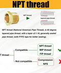 Brass NPT reducing pipe adapter, 3/8 MNPT to 1/4 FNPT, angled front view