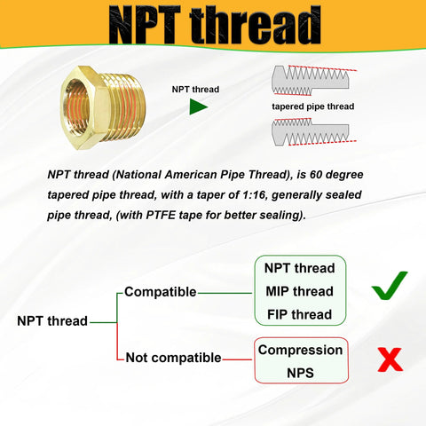 Brass NPT reducing pipe adapter, 3/8 MNPT to 1/4 FNPT, angled front view