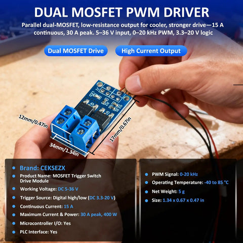 Person holding Dual High Power MOSFET Trigger Switch Drive Module For DC Motors And Lighting 5 To 36V Range 0 To 20KHz PWM