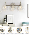 3 Bulb Brushed Nickel Wall Sconce With Clear Globe Glass Shade Totally Straight Fire Farmhouse Lighting Fixture For Bathroom Mirror And Kitchen E26 Socket Base Legit mounted over a console table.
