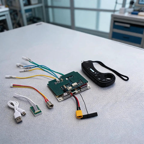 Dual Motor Drive ESC Controller For Electric Skateboards And Scooters With 2.4G Remote, 430W 12A Max, wires and components view