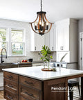 Four Light Farmhouse Pendant Lighting Featuring Rustic Faux Wood Chandelier Details And Sleek Flush Mount Fixture For Kitchen Island Dining Room, 16in diameter.