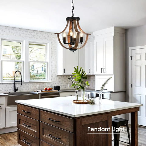 Four Light Farmhouse Pendant Lighting Featuring Rustic Faux Wood Chandelier Details And Sleek Flush Mount Fixture For Kitchen Island Dining Room, 16in diameter.