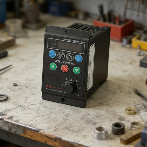 Pro Grade VFD Variable Frequency Drive For Converting Single Phase 220V To Three Phase 220V Wide 80 To 280V Input Range V F Control 0 To 100 Hz Digital Display Overvoltage And Overcurrent Protection. black VFD unit with digital display and speed knob on workbench