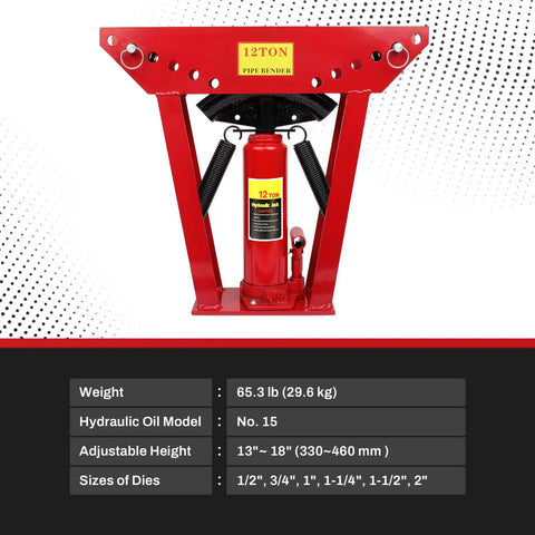 12 Ton Manual Hydraulic Copper Pipe Bender With 6 Adjustable Roller Dies featuring hydraulic jack in red design for plumbing projects.