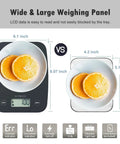 Digital Kitchen Scale For Food, 11Lb And 5Kg Precision Scale with oranges on LCD display and dimensions comparison