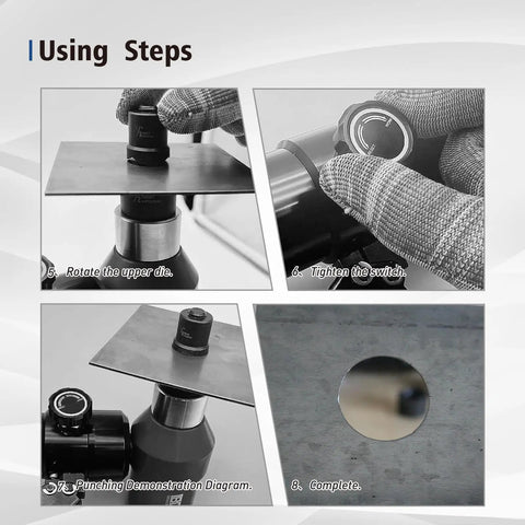 Steps for using Hydraulic Knockout Hole Punch Set 1/2 To 2 Inch Electrical Conduit Cutter Kit For Metal, showing punching process