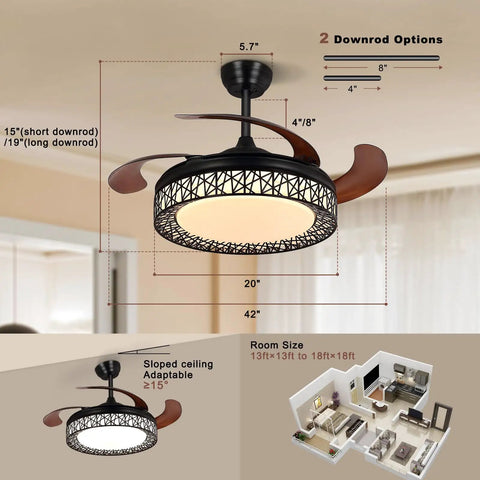 Dope 42 Inch Retractable Ceiling Fan With Lights Remote App Control Dimmable LED DC Motor Modern Farmhouse Style dimensions