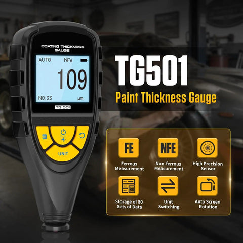 Pro Grade Paint Thickness Gauge For Car Coatings With Auto Calibration, Ultra Precise 0.1 Micron Resolution, 0-2000 Micron Range, Easy Readout, Durable Metal Body, Quick Checks For Every Panel; TG501 handheld meter