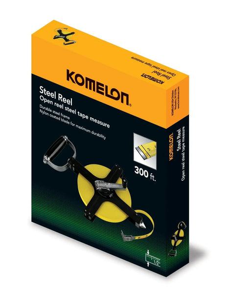 Open Reel Steel Tape Measure With 300 Ft Nylon Coated Blade, 1/2 Inch Wide, Heavy Duty Metal Frame, in packaging