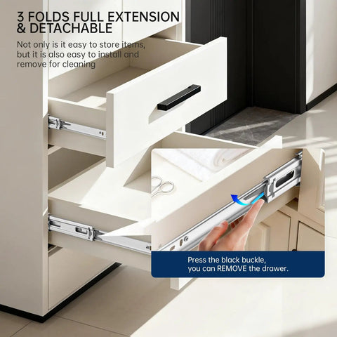 No-Fuss Soft-Close Heavy-Duty 12-Inch Drawer Slides installed in kitchen cabinet, showing full-extension and ball bearing glides.