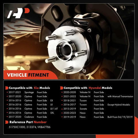 2X Front Wheel Bearing And Hub Assembly 5 Lug Fits Hyundai Sonata 2015-2019, Tucson 2016-2021, Veloster N 2020-2022, Nexo, Optima 2017-2020, Sportage, Cadenza For Hyundai And Kia Vehicles shown with vehicle fitment details