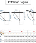 Gas strut 2-pack 10in cabinet lift supports; installation diagram showing three mounting positions.