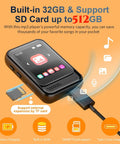 Bluetooth 5.3 MP3 Player with Built In Speaker and FM Radio, micro SD card slot up to 512GB displayed on orange background.