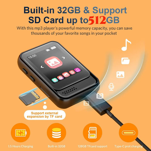 Bluetooth 5.3 MP3 Player with Built In Speaker and FM Radio, micro SD card slot up to 512GB displayed on orange background.
