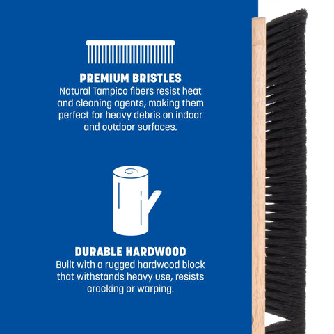 Built Like A Tank Heavy Duty Floor Broom Brush With Natural Tampico Coarse Bristles For Sweeping Heavy Debris On Rough Concrete Driveways Patio - close-up of durable bristles and hardwood.