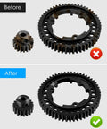 Before and after comparison of Traxxas X Maxx gear upgrade kit showing the old and new 54T spur gear and 18T pinion gear.