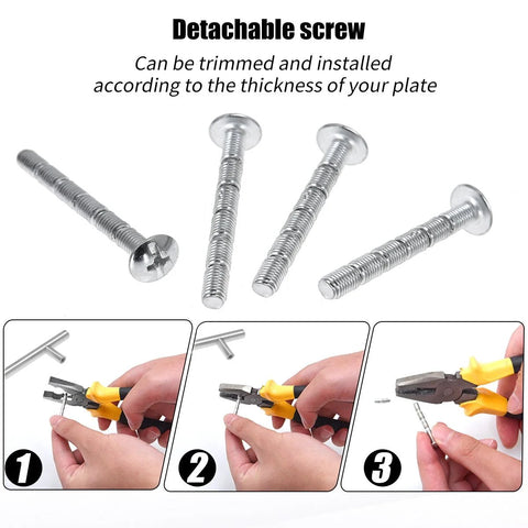 Detachable screws for Stainless Steel Brushed Satin Nickel Cabinet Pulls; images show trimming and installation process.