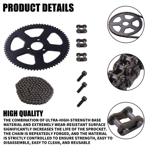 Beefed Up Heavy Duty 25H 136 Links Chain With 68 Tooth Rear Sprocket for 49Cc Pocket Bike Mini Bike, product kit components