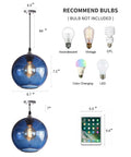 Hand Blown Glass Pendant Light For Kitchen Island Capri Blue Globe Seeded Bubbles Lit Eight Point Seven Inch Diameter 60 Inch Adjustable Cord ETL Listed Modern Ceiling Light with different bulb recommendations, dimensions, and comparison to a tablet size.