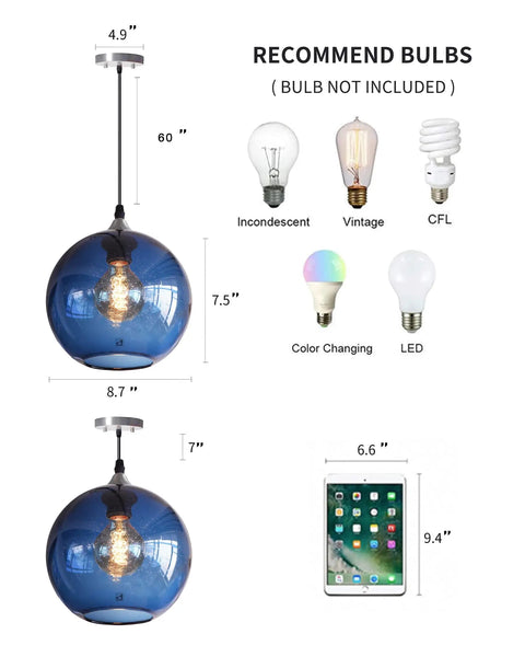 Hand Blown Glass Pendant Light For Kitchen Island Capri Blue Globe Seeded Bubbles Lit Eight Point Seven Inch Diameter 60 Inch Adjustable Cord ETL Listed Modern Ceiling Light with different bulb recommendations, dimensions, and comparison to a tablet size.