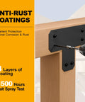 Built Tough Heavy Duty Wood Structural Screws securing a black anti-rust bracket to light wood, ideal for outdoor use.