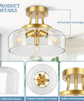 Gold 3 Light Semi Flush Mount Ceiling Light With Drum Glass Shade For Living Room Kitchen Bedroom Hallway Bathroom Laundry E12 Socket Bulbs Not Included