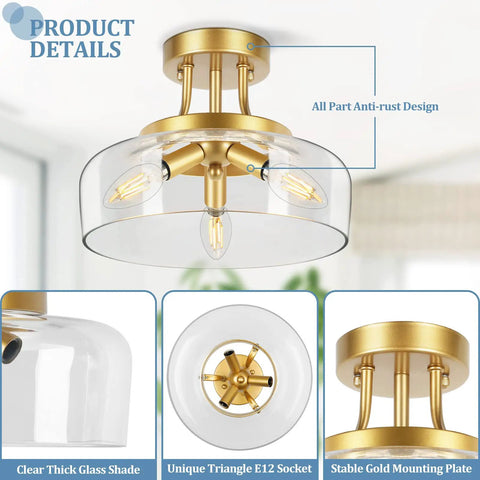 Gold 3 Light Semi Flush Mount Ceiling Light With Drum Glass Shade For Living Room Kitchen Bedroom Hallway Bathroom Laundry E12 Socket Bulbs Not Included
