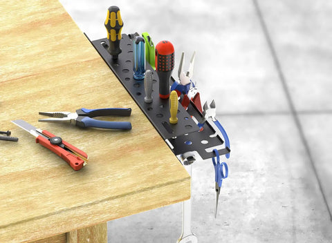 17 Inch Metal Wall Mount Hand Tool Organizer With Ultra Thin 1.4 Inch Depth holding tools on a workbench